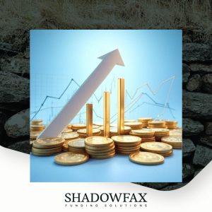 Arrow above a gold bar chart indicating increasing volumes. Gold coins are piled up around the base.