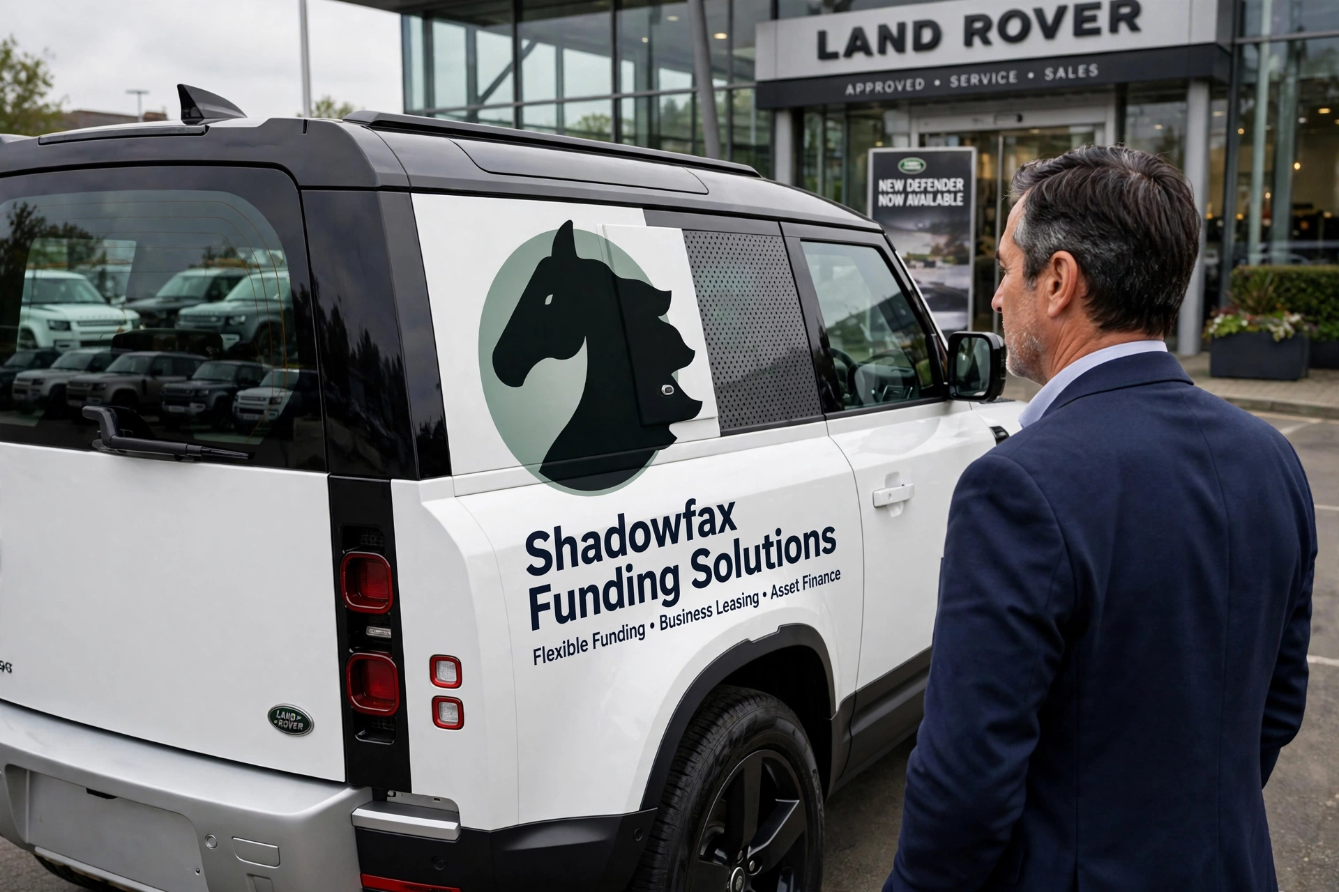 Business owner at a Landrover dealership looking at a white defender 90 with the Shadowfax funding logo on the rear panel