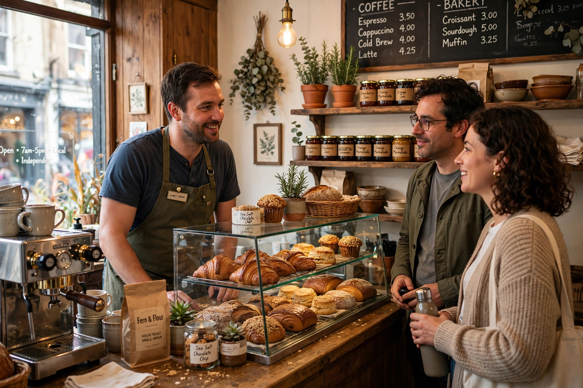 A picture depicting a husband and wife talking to a bakery owner who is standing behind a counter